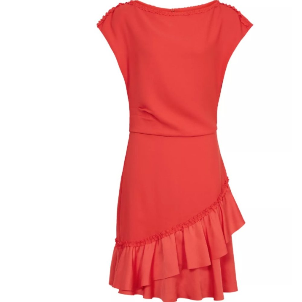 REISS Cecilia Frill-Detail Asymmetric Hem Dress Vermillion Sz 6-8 / M